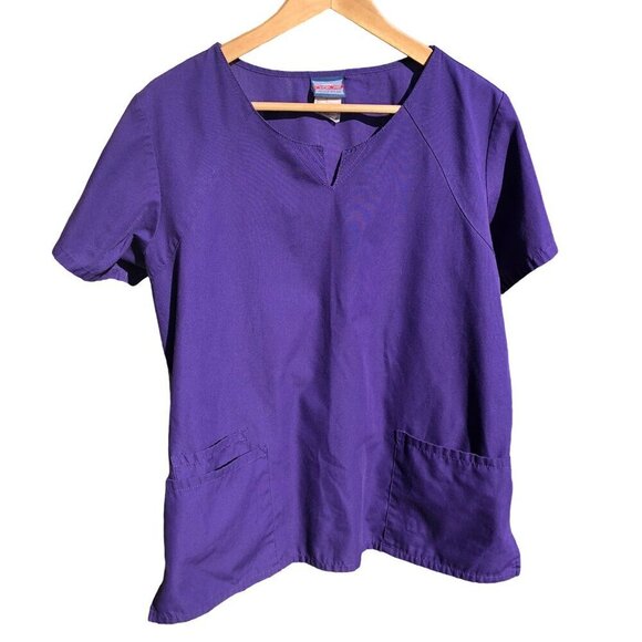 CHEROKEE Purple Scrubs Top  V-Neck Pockets Gathered Back Short Sleeve Women's L - Picture 1 of 14